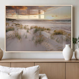 61246-MGV-FP-60X30-3P_Natural-Coastal Sand Dunes Wall Art – Serene Beach Sunset Canvas Print with Grasses and Ocean View, Tranquil Seaside Decor for Living Room