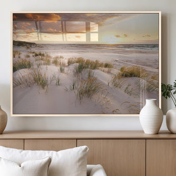 61246-MGV-FP-60X30-3P_Natural-Coastal Sand Dunes Wall Art – Serene Beach Sunset Canvas Print with Grasses and Ocean View, Tranquil Seaside Decor for Living Room