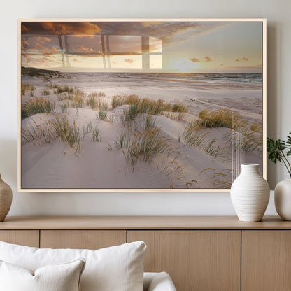 61246-MGV-FP-60X30-3P_Natural-Coastal Sand Dunes Wall Art – Serene Beach Sunset Canvas Print with Grasses and Ocean View, Tranquil Seaside Decor for Living Room