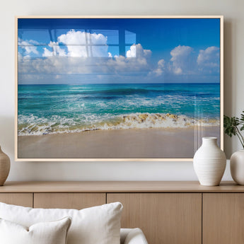 60364-MGV-FP-60X30-3P_Natural-Tropical Ocean Wave Wall Art – Serene Blue Sea and White Sand Beach Canvas Print, Coastal Landscape Decor for Living Room, Bedroom