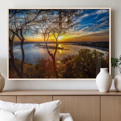 71863-MGV-FP-36X24-3P_Natural-Lake Sunset Wall Art – Scenic Nature Canvas Print with Trees and Golden Sky, Serene Landscape Decor for Living Room, Bedroom or