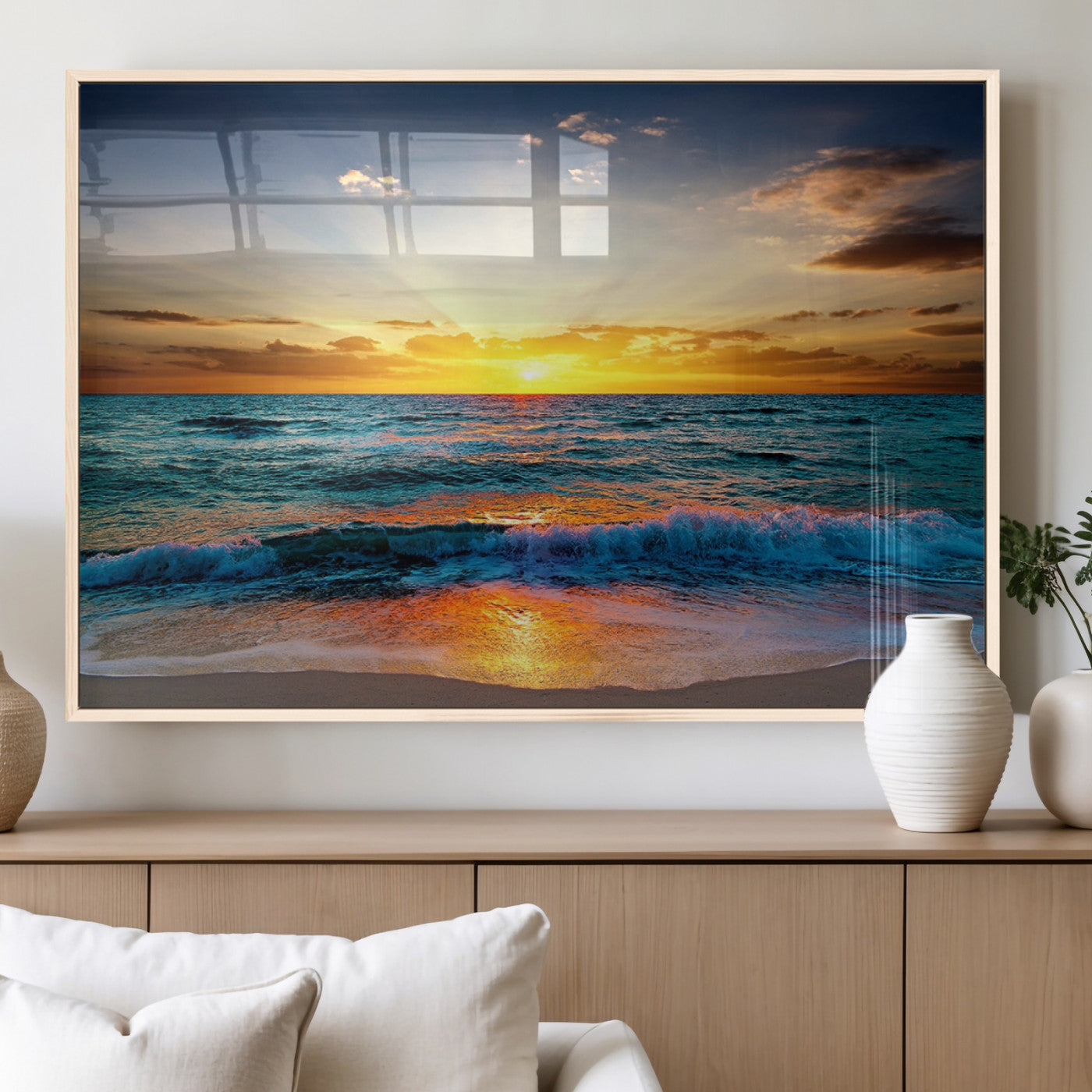 50627-MGV-FP-60X30-3P_Natural-Ocean Sunset Wall Art – Serene Beach Canvas Print with Waves and Golden Sky, Coastal Decor for Living Room or Office