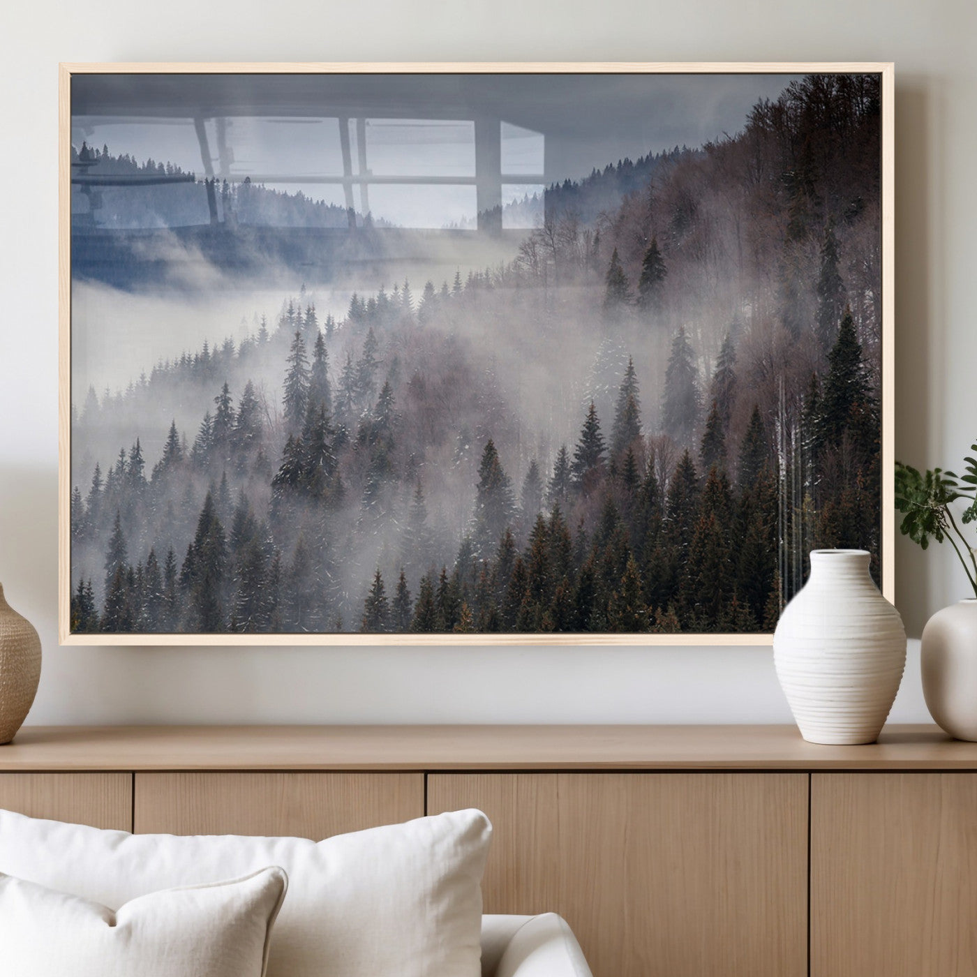 18459-MGV-FP-60X30-3P_Natural-Misty Pine Forest Wall Art – Serene Mountain Landscape Canvas Print, Tranquil Nature Artwork for Living Room, Bedroom, Cabin or