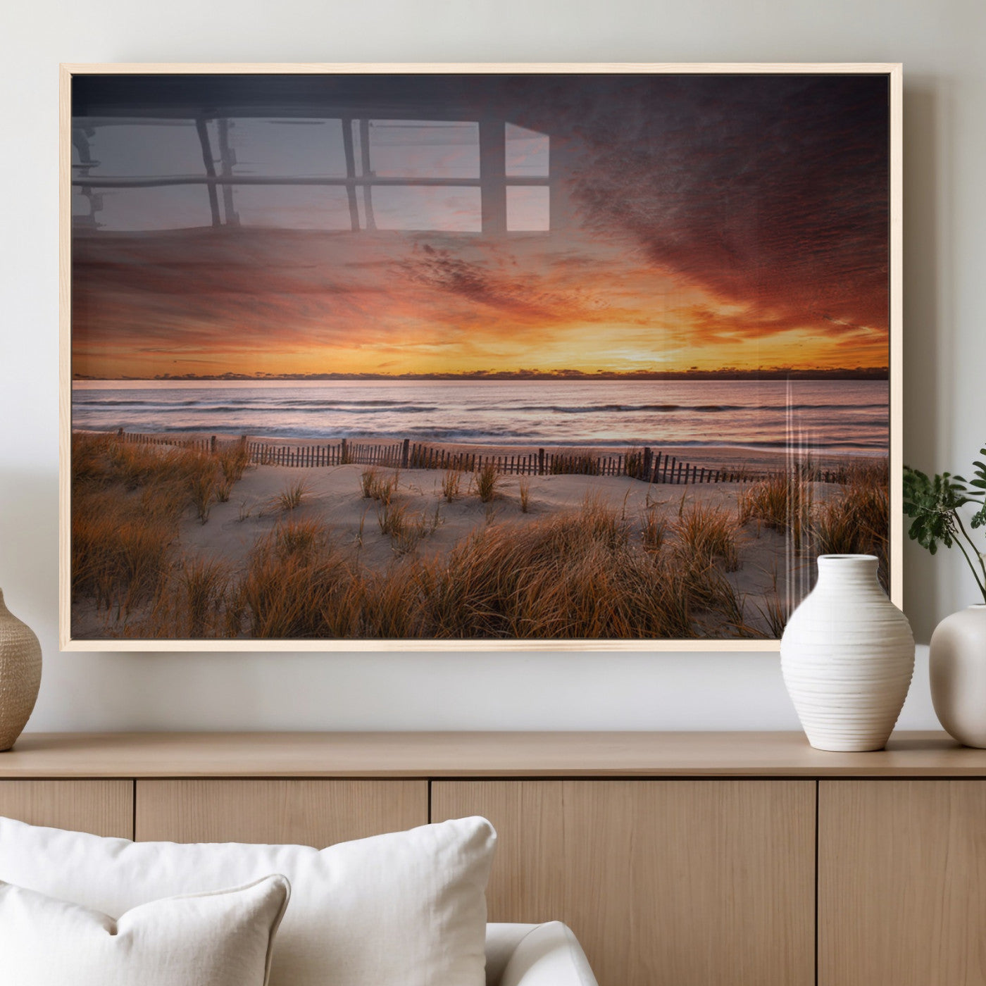 90176-MGV-FP-60X30-3P_Natural-Beach Sunset Wall Art – Coastal Sand Dune Canvas Print with Ocean Waves and Dramatic Sky, Seaside Landscape Decor for Living Room