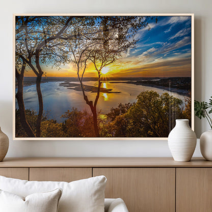 66839-MGV-FP-60X30-3P_Natural-Lake Sunset Wall Art – Golden Hour Canvas Print with Trees and Water Reflection, Scenic Landscape Photography for Living Room,