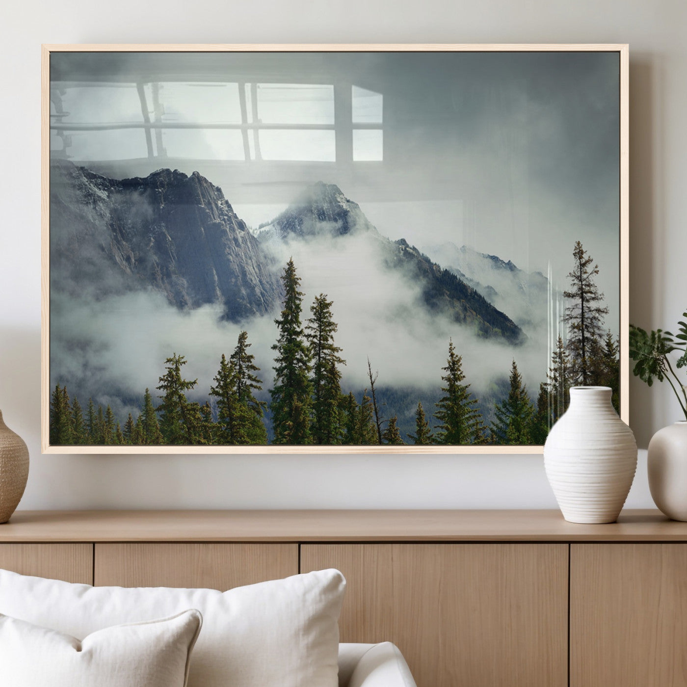 93219-MGV-FP-36X24-3P_Natural-Misty Mountain Wall Art – Foggy Pines and Rocky Peaks Canvas Print, Nature Landscape Decor for Living Room, Office or Bedroom