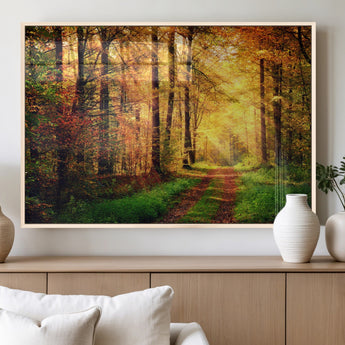 73494-MGV-FP-60X30-3P_Natural-Golden Autumn Forest Path Wall Art – Sunlit Woodland Canvas Print, Fall Nature Landscape Home Decoration