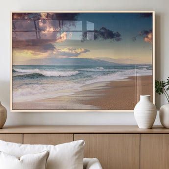 42253-MGV-FP-60X30-3P_Natural-Serene Beach Waves Wall Art – Tranquil Ocean Horizon Canvas Print, Coastal Seascape Decor for Living Room or Office Wall