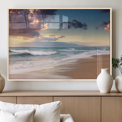 42253-MGV-FP-60X30-3P_Natural-Serene Beach Waves Wall Art – Tranquil Ocean Horizon Canvas Print, Coastal Seascape Decor for Living Room or Office Wall