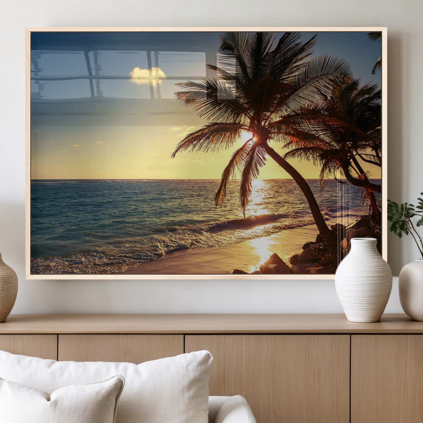 82710-MGV-FP-60X30-3P_Natural-Palm Tree Sunset Beach Wall Art – Tropical Ocean Canvas Print, Coastal Paradise Seascape Decor for Living Room or Office Wall