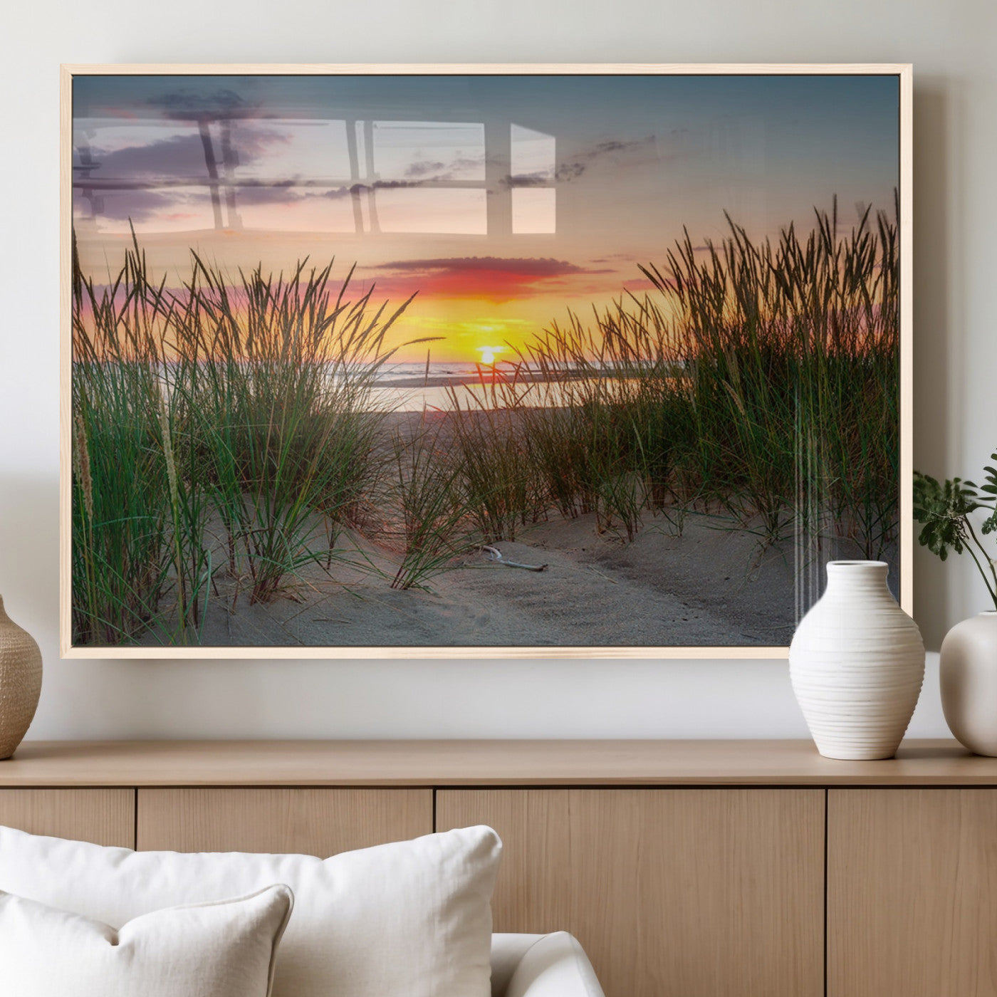 25576-MGV-FP-60X30-3P_Natural-Beach Grass Sunset Wall Art – Coastal Sand Dune Landscape Canvas Print, Ocean View Nature Decor for Living Room or Office Wall