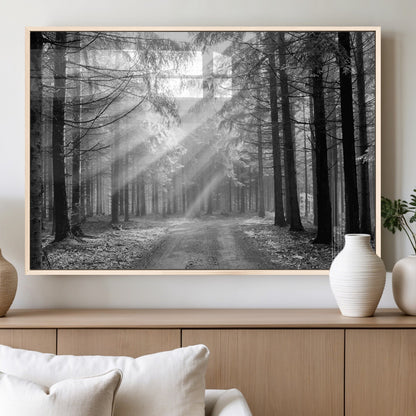 39665-MGV-FP-60X30-3P_Natural-Black and White Forest Path Wall Art – Sunlight Rays in Trees Canvas Print, Nature Landscape Decor for Living Room