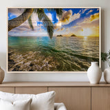 68606-MGV-FP-36X24-3P_Natural-Tropical Palm Tree Ocean Wall Art – Sunset Beach Seascape Print, Coastal Paradise Decor for Living Room or Office