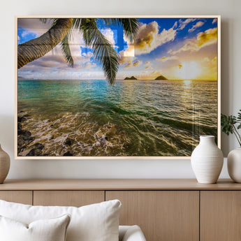 68606-MGV-FP-36X24-3P_Natural-Tropical Palm Tree Ocean Wall Art – Sunset Beach Seascape Print, Coastal Paradise Decor for Living Room or Office