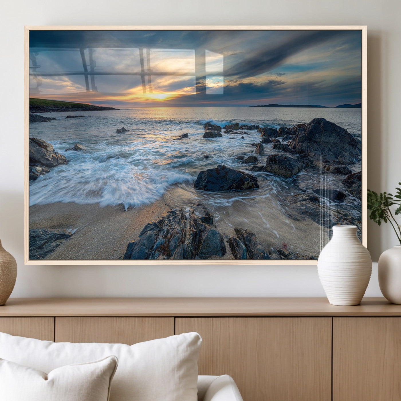 17902-MGV-FP-60X30-3P_Natural-Rocky Shore Ocean Sunset Wall Art – Coastal Seascape Canvas Print, Nature Beach Decor for Living Room or Office