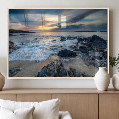 17902-MGV-FP-60X30-3P_Natural-Rocky Shore Ocean Sunset Wall Art – Coastal Seascape Canvas Print, Nature Beach Decor for Living Room or Office