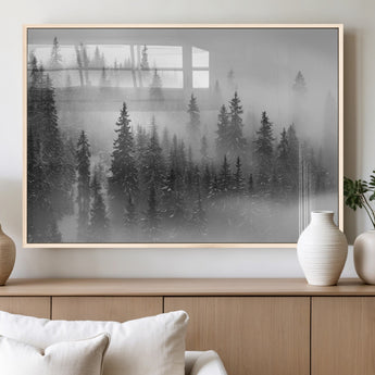 57235-MGV-FP-36X24-3P_Natural-Misty Pine Forest Wall Art – Black and White Mountain Landscape Canvas Print, Nature Woodland Decor for Living Room, Bedroom or