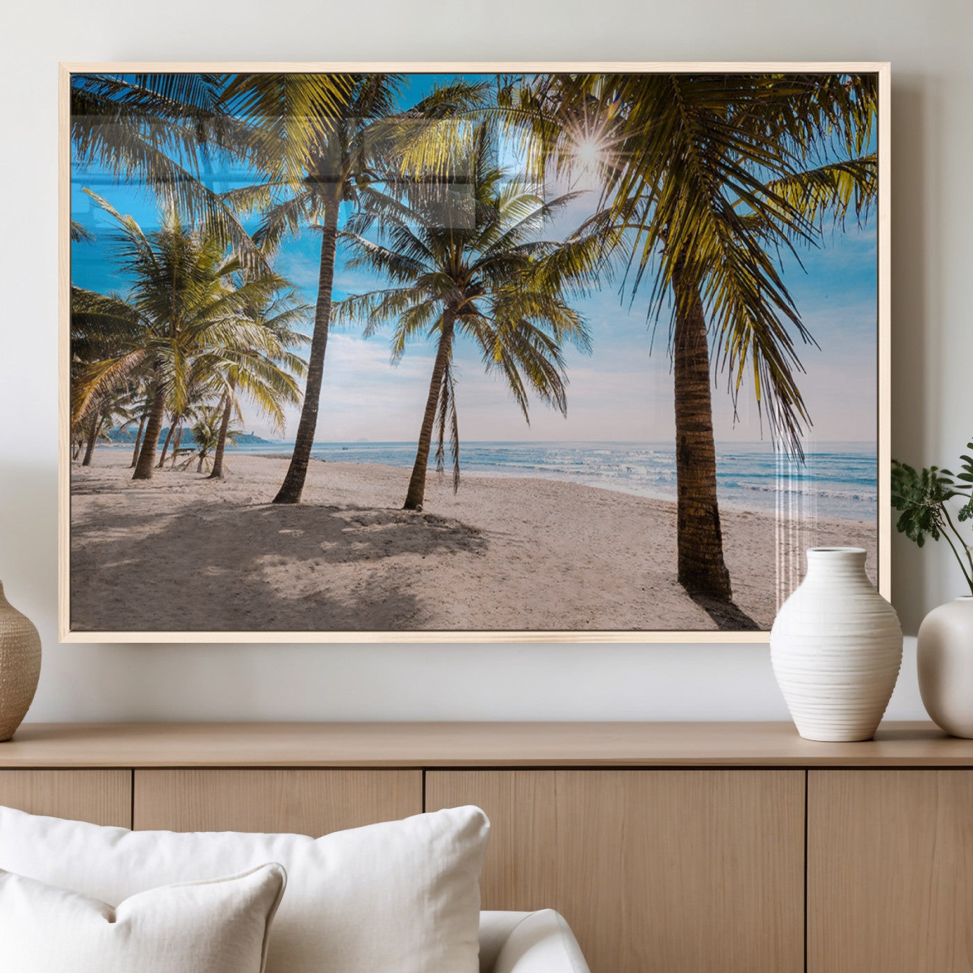 98175-MGV-FP-36X24-3P_Natural-Tropical Palm Beach Wall Art – Relaxing Ocean Shore Canvas Print with Palm Trees, Coastal Summer Decor for Living Room, Bedroom or