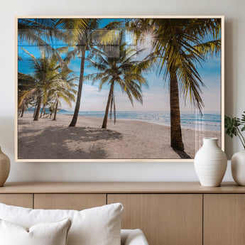 98175-MGV-FP-60X30-3P_Natural-Tropical Palm Beach Wall Art – Relaxing Ocean Shore Canvas Print with Palm Trees, Coastal Summer Decor for Living Room, Bedroom or