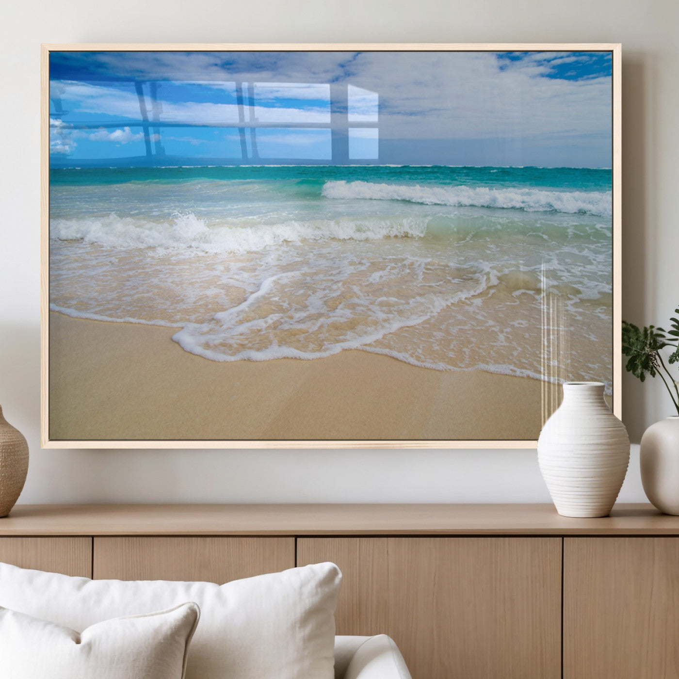 20660-MGV-FP-60X30-3P_Natural-Ocean Wave Beach Wall Art – Serene Blue Sea and Sandy Shore Canvas Print, Coastal Landscape Photography Decor for Living Room or
