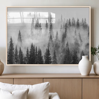10422-MGV-FP-60X30-3P_Natural-Misty Pine Forest Wall Art – Black and White Foggy Landscape Canvas Print, Serene Nature Woodland Decor for Bedroom, Office or