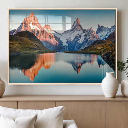 88453-MGV-FP-60X30-3P_Natural-Mountain Lake Wall Art – Snow-Capped Peaks Reflected in Alpine Water Canvas Print, Nature Landscape Wall Decor for Living Room or