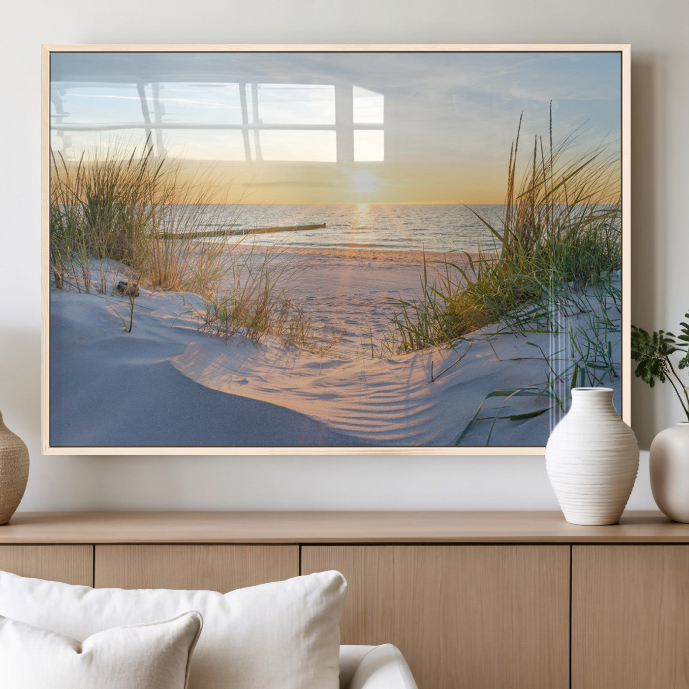 48907-MGV-FP-60X30-3P_Natural-Beach Sunset Wall Art – Coastal Sand Dunes and Ocean View Canvas Print, Serene Seaside Landscape Painting for Living Room, Bedroom