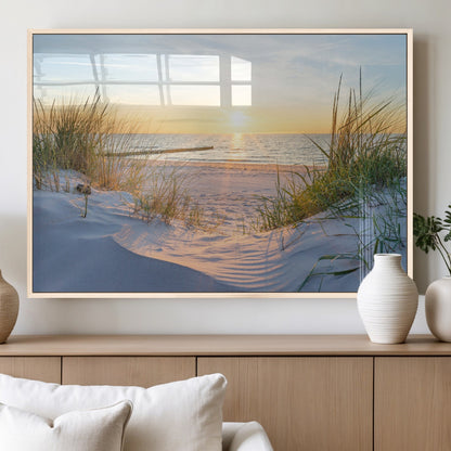 48907-MGV-FP-60X30-3P_Natural-Beach Sunset Wall Art – Coastal Sand Dunes and Ocean View Canvas Print, Serene Seaside Landscape Painting for Living Room, Bedroom