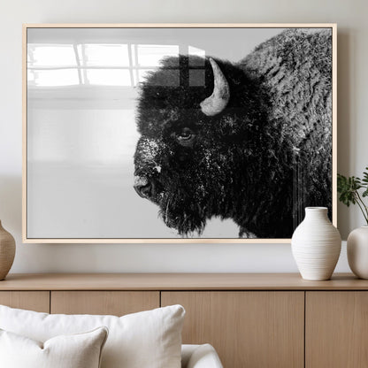68780-MGV-FP-60X30-3P_Natural-Bison Close-Up Wall Art – Black and White Buffalo Canvas Print, Rustic Wildlife Photography Decor for Living Room, Office, or