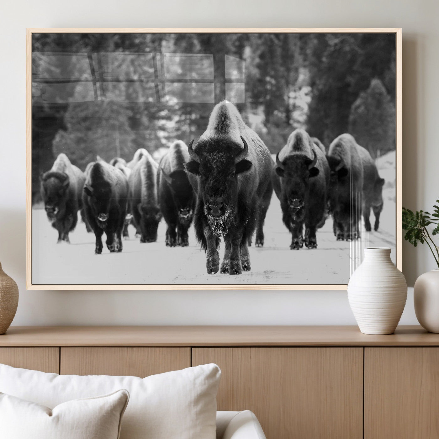 62434-MGV-FP-60X30-3P_Natural-Bison Herd Wall Art – Majestic Black and White Buffalo Canvas Print, Wildlife Nature Photography Decor for Living Room, Office or