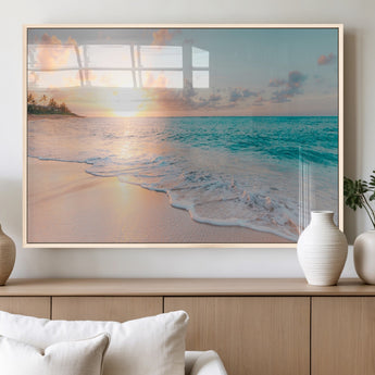 89767-MGV-FP-60X30-3P_Natural-Ocean Sunset Wall Art – Serene Beach Canvas Print with Pastel Sky and Waves, Coastal Seascape Artwork for Bedroom, Living Room, or