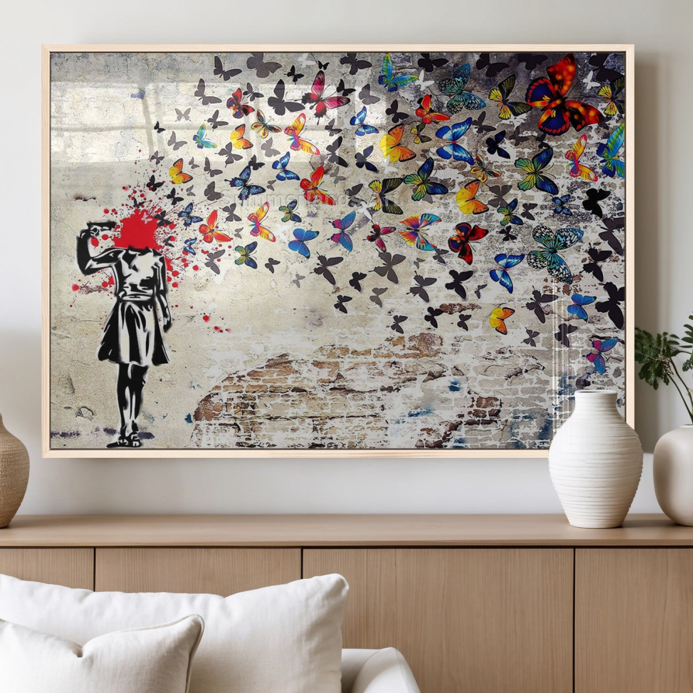 88654-MGV-FP-60X30-3P_Natural-Butterfly Explosion Graffiti Wall Art – Street Art Canvas Print, Colorful Butterfly Spray Mural, Modern Abstract Urban Wall Decor