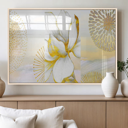 82301-MGV-FP-36X24-3P_Natural-Modern Floral Wall Art – White Flower with Gold Detailing Canvas Print, Elegant Abstract Artwork for Living Room, Bedroom, or