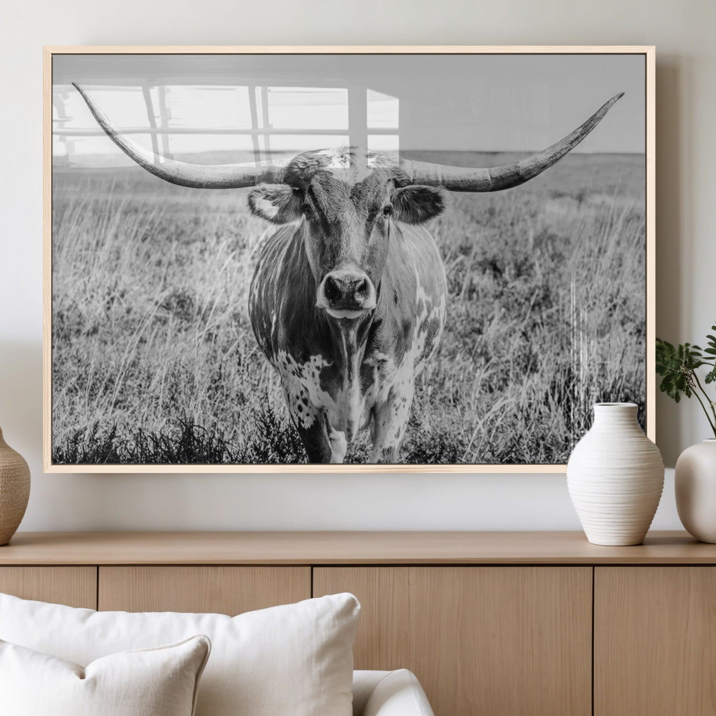 77320-MGV-FP-60X30-3P_Natural-Texas Longhorn Wall Art – Black and White Western Cattle Canvas Print, Rustic Farmhouse Animal Photography Decor for Living Room,
