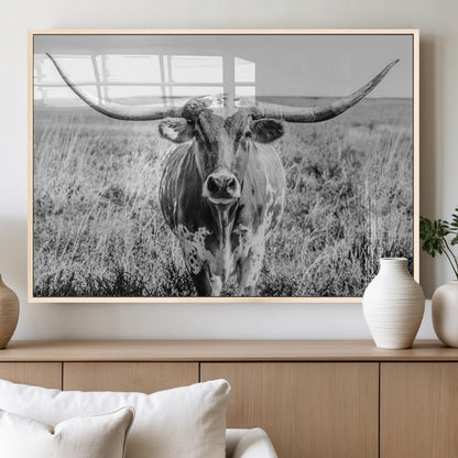 77320-MGV-FP-60X30-3P_Natural-Texas Longhorn Wall Art – Black and White Western Cattle Canvas Print, Rustic Farmhouse Animal Photography Decor for Living Room,