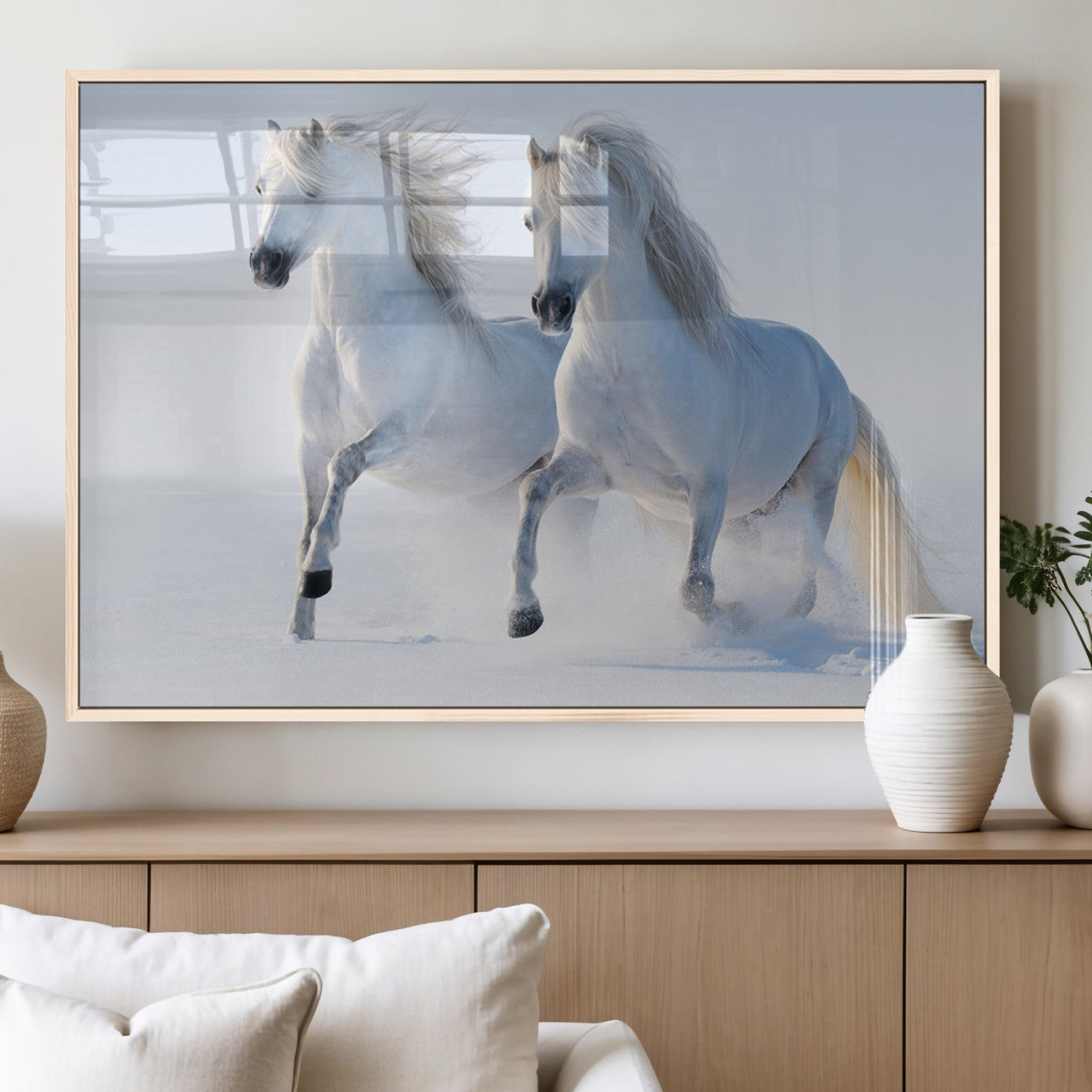 80145-MGV-FP-60X30-3P_Natural-White Horses Running Snow Wall Art – Majestic Equine Canvas Print, Winter Nature Photography Decor for Living Room, Office,