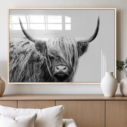 51957-MGV-FP-60X30-3P_Natural-Highland Cow Wall Art – Black and White Scottish Highland Bull Canvas Print, Rustic Farmhouse Animal Decor for Living Room,
