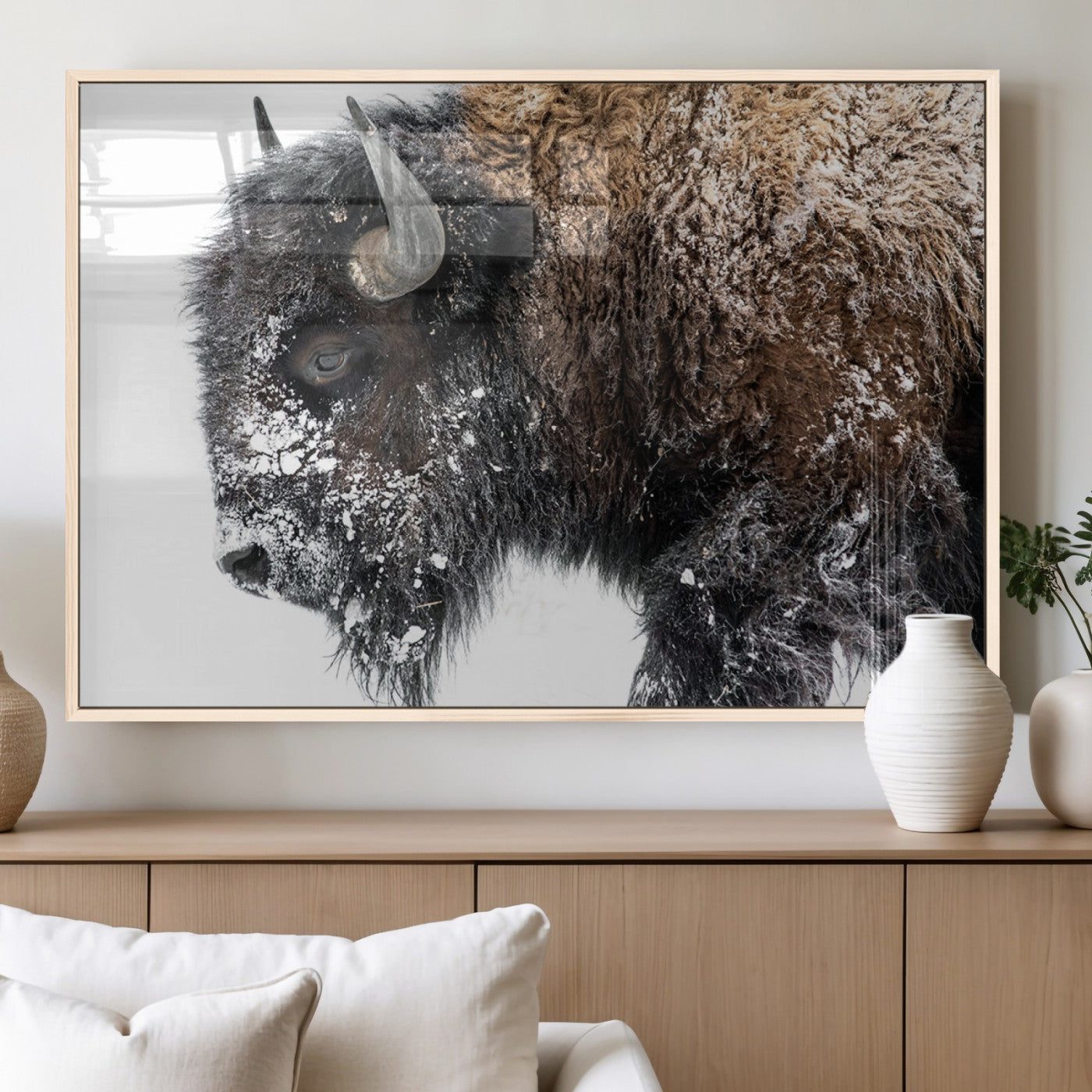 24304-MGV-FP-60X30-3P_Natural-Bison Wall Art Canvas Print, Framed Winter Bison Art Picture Print, Snowy Buffalo Perfect Rustic Farmhouse Decor Artwork