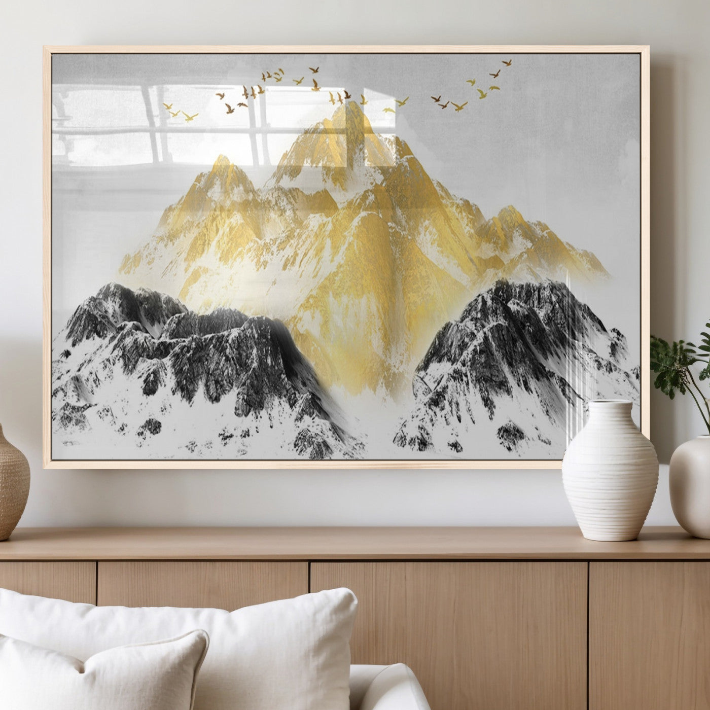 37733-MGV-FP-60X30-3P_Natural-Golden Mountain Wall Art – Modern Abstract Landscape Canvas Print with Birds, Luxury Nature Decor for Living Room, Bedroom, or