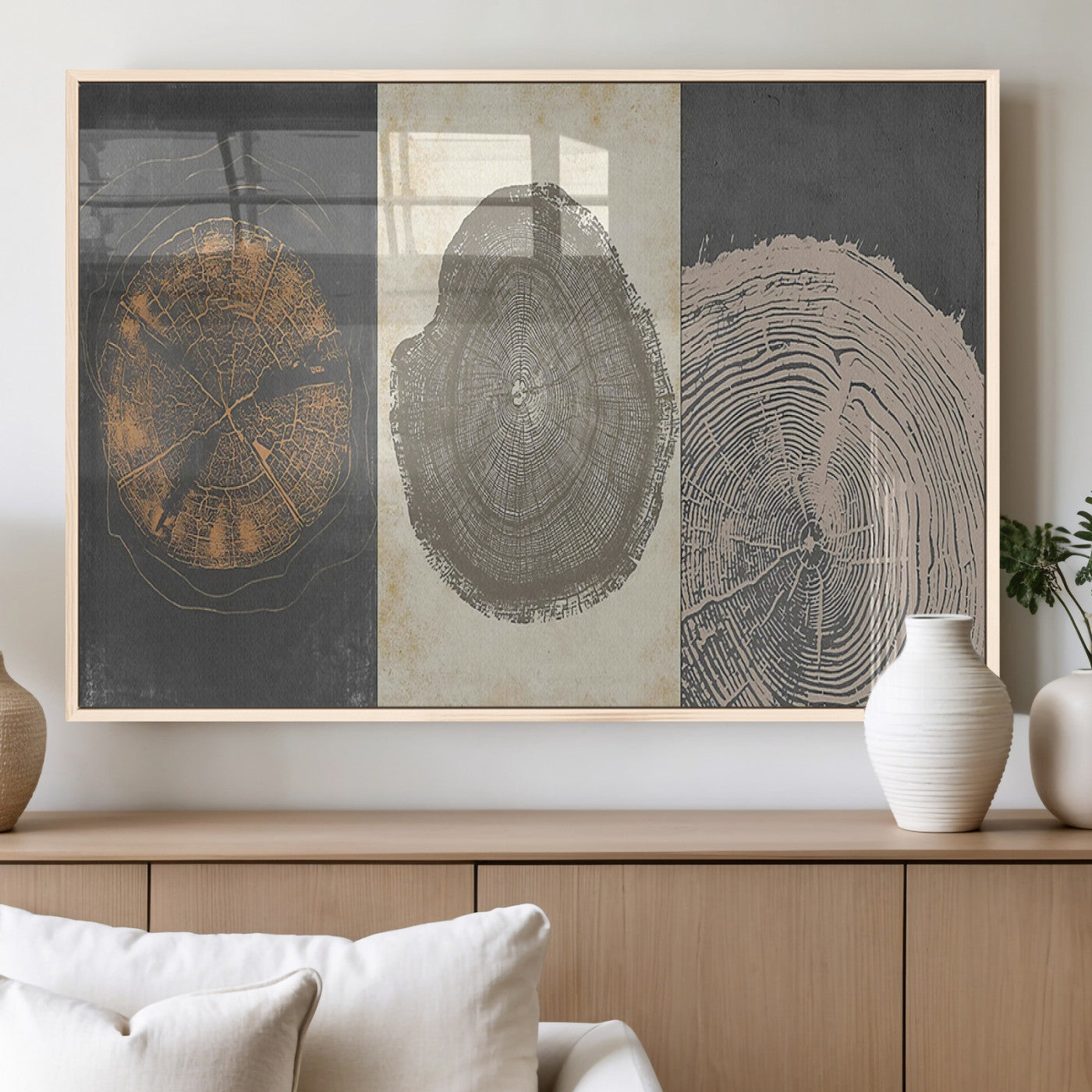 80725-MGV-FP-36X24-3P_Natural-Wood Tree Rings Wall Art Canvas Print, Framed Tree Rings Art Picture Print, Abstract Tree Rings Perfect Modern Boho Decor Artwork