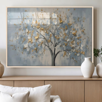 65811-MGV-FP-60X30-3P_Natural-Abstract Tree Wall Art – Textured Canvas Painting with Gold and White Leaves, Modern Nature Inspired Decor for Living Room or