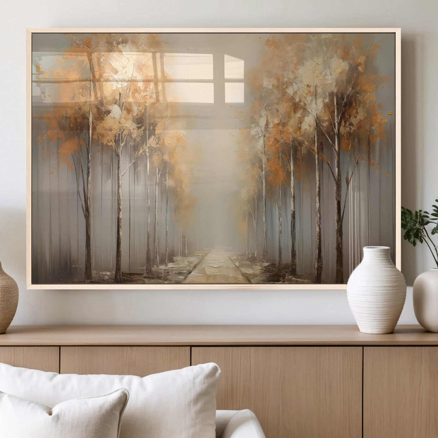 95004-MGV-FP-60X30-3P_Natural-Autumn Forest Path Wall Art – Hand Painted Canvas Print with Golden Trees, Modern Nature Landscape Decor for Living Room, Bedroom