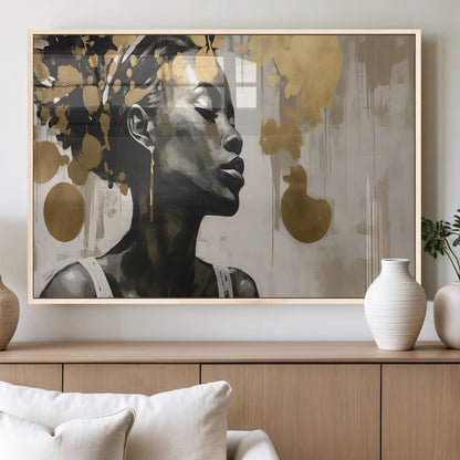 65669-MGV-FP-36X24-3P_Natural-Elegant Black Woman Wall Art – Modern Abstract Portrait Canvas with Gold Accents, Contemporary Afrocentric Decor for Living Room