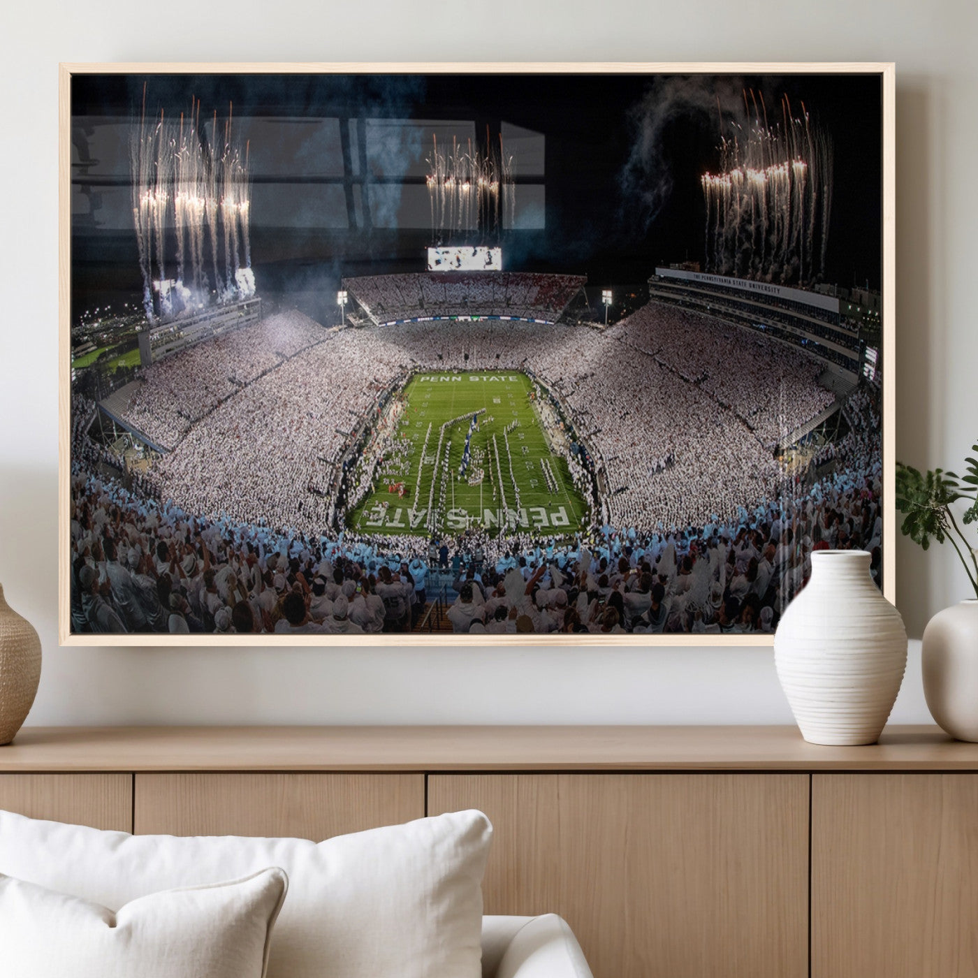 11391-MGV-FP-60X30-3P_Natural-Penn State Stadium Wall Art – Panoramic White Out Football Game Canvas Print, College Sports Decor for Office, Man Cave, or Living