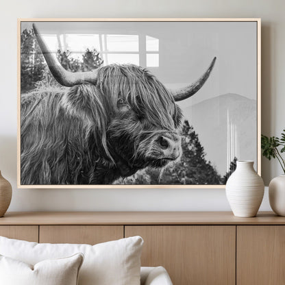 61570-MGV-FP-36X24-3P_Natural-Highland Cow Wall Art – Black and White Scottish Bull Canvas Print, Rustic Farmhouse Animal Decor for Living Room, Bedroom, or
