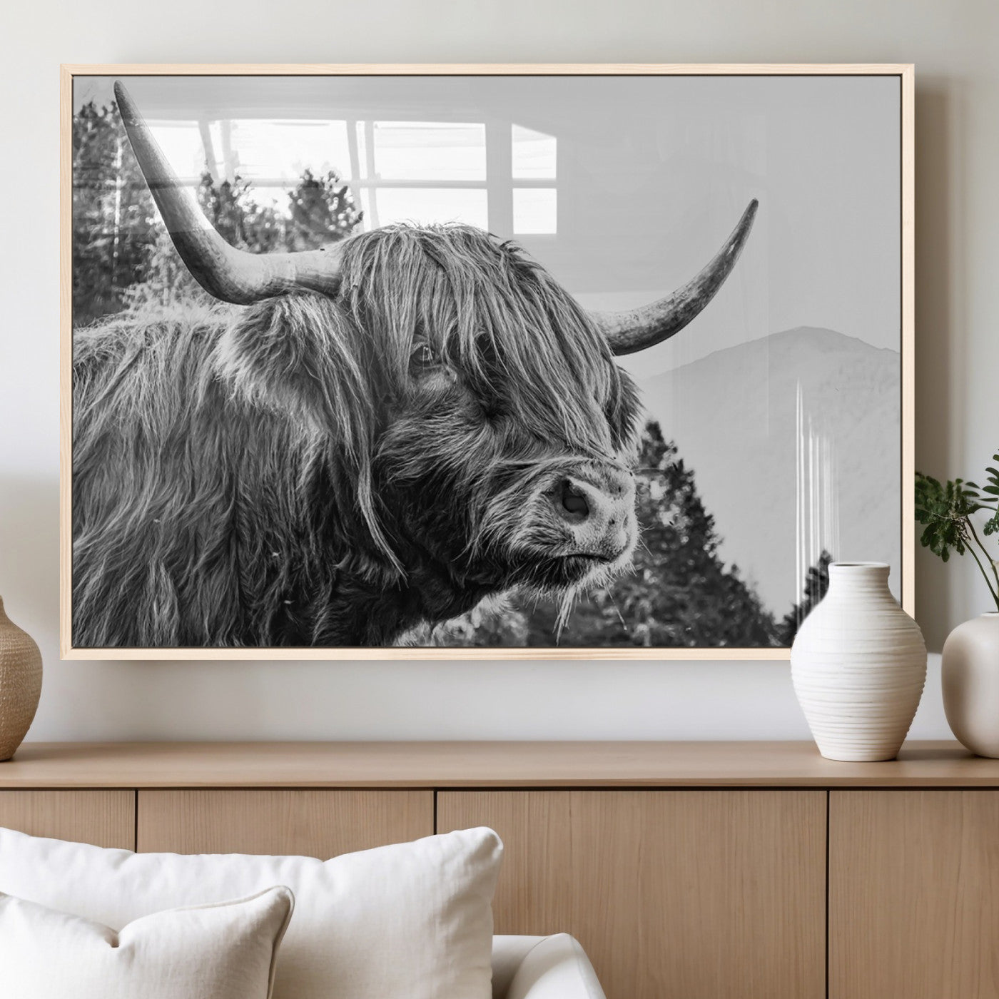 61570-MGV-FP-60X30-3P_Natural-Highland Cow Wall Art – Black and White Scottish Bull Canvas Print, Rustic Farmhouse Animal Decor for Living Room, Bedroom, or