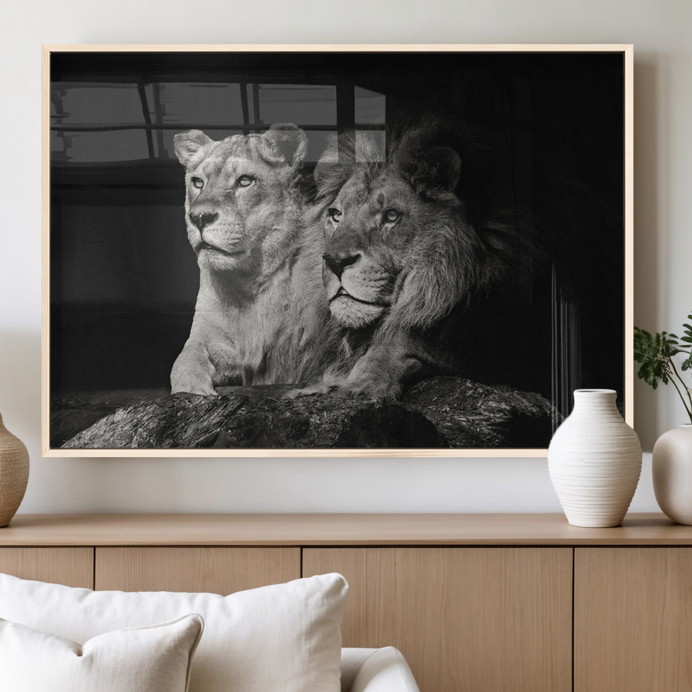80013-MGV-FP-60X30-3P_Natural-Lion and Lioness Wall Art – Black and White Wildlife Photography Canvas Print, African Safari Animal Decor for Office, Bedroom