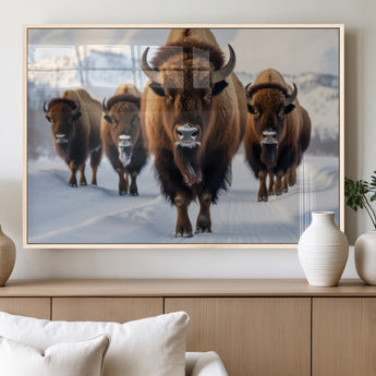 56701-MGV-FP-36X24-3P_Natural-Bison Herd Wall Art – Buffalo Walking in Snowy Mountains Canvas Print, Rustic Wildlife Decor for Cabin, Lodge, or Living Room