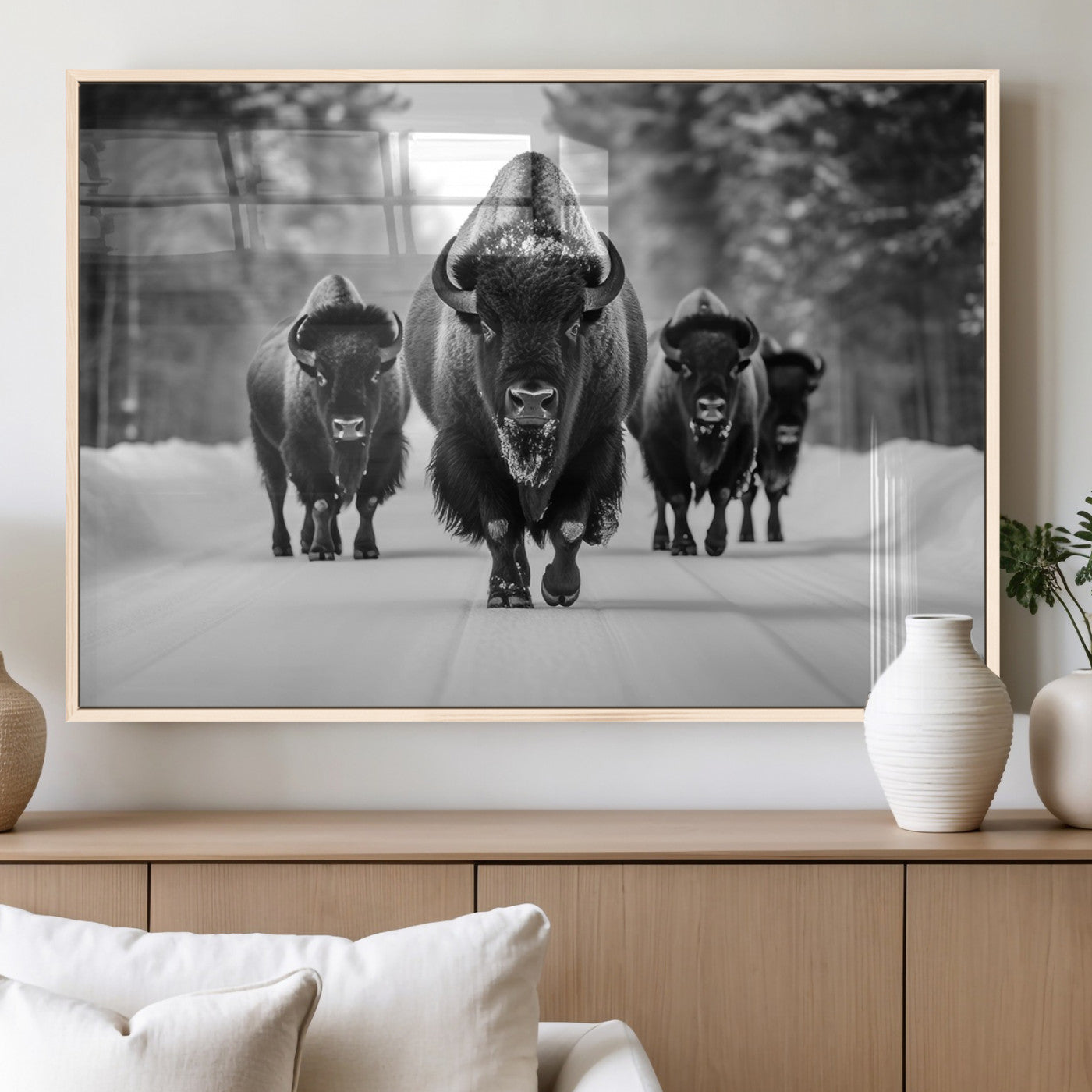 45287-MGV-FP-36X24-3P_Natural-Bison Herd Wall Art – Black and White Buffalo Snow Road Canvas Print, Rustic Wildlife Decor for Cabin, Lodge or Living Room