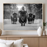 45287-MGV-FP-36X24-3P_Natural-Bison Herd Wall Art – Black and White Buffalo Snow Road Canvas Print, Rustic Wildlife Decor for Cabin, Lodge or Living Room